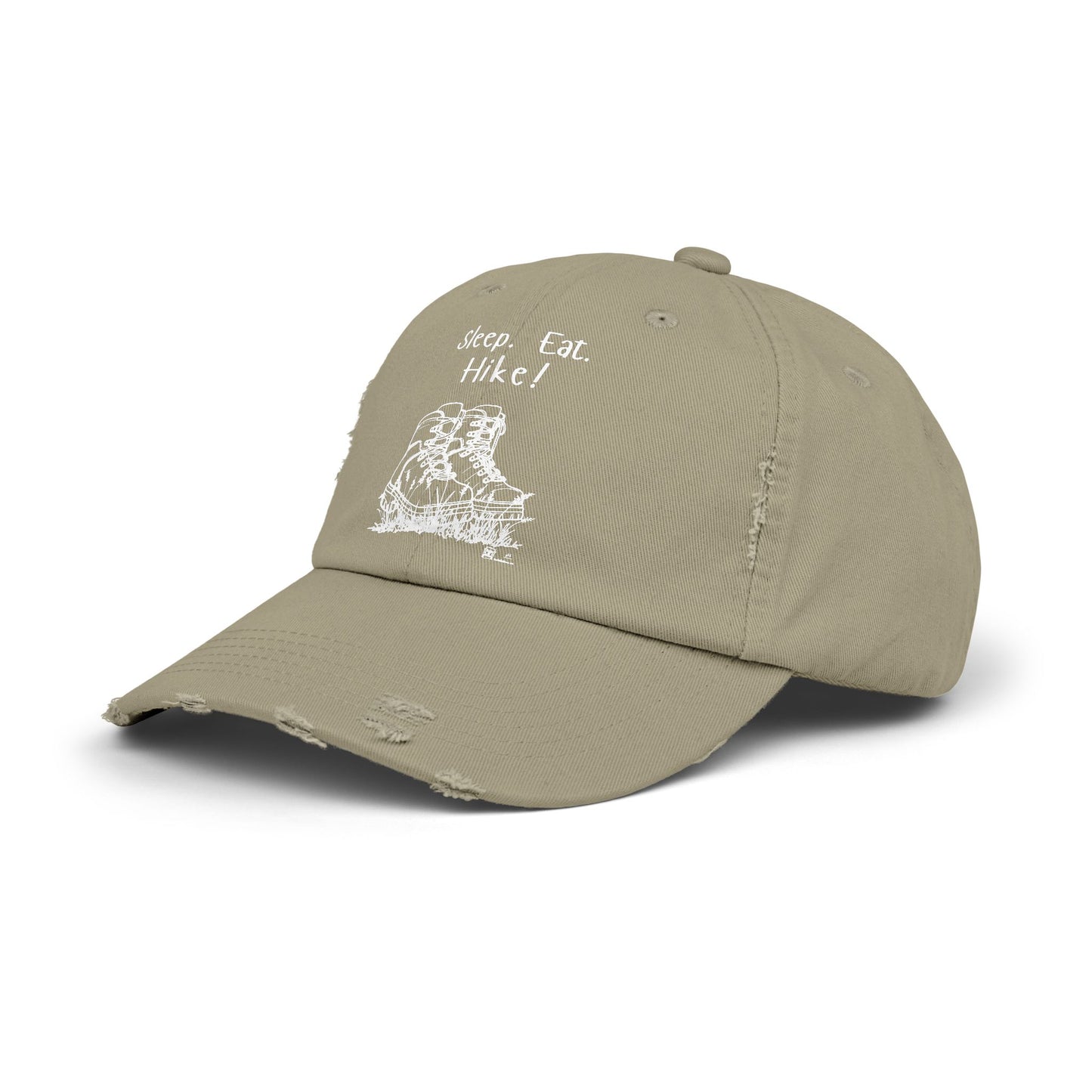 "Sleep. Eat. Hike!"  - Hiking Distressed Cap, Outdoor Trail Hat (no flowers in boots)