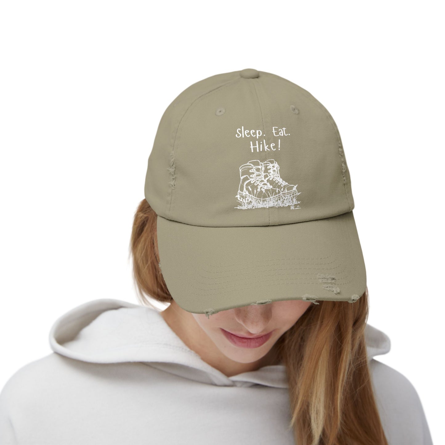 "Sleep. Eat. Hike!"  - Hiking Distressed Cap, Outdoor Trail Hat (no flowers in boots)