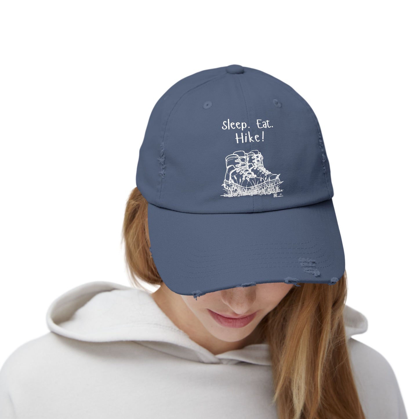 "Sleep. Eat. Hike!"  - Hiking Distressed Cap, Outdoor Trail Hat (no flowers in boots)