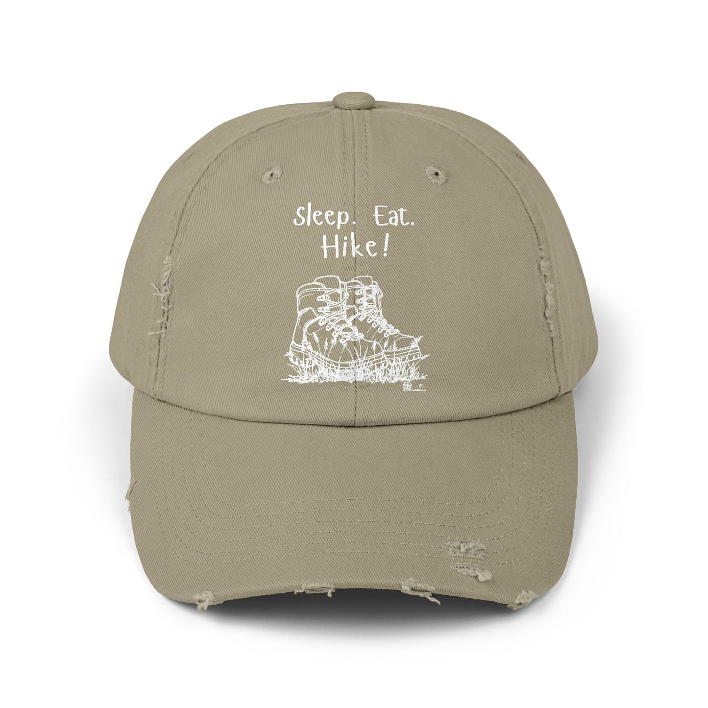"Sleep. Eat. Hike!"  - Hiking Distressed Cap, Outdoor Trail Hat (no flowers in boots)