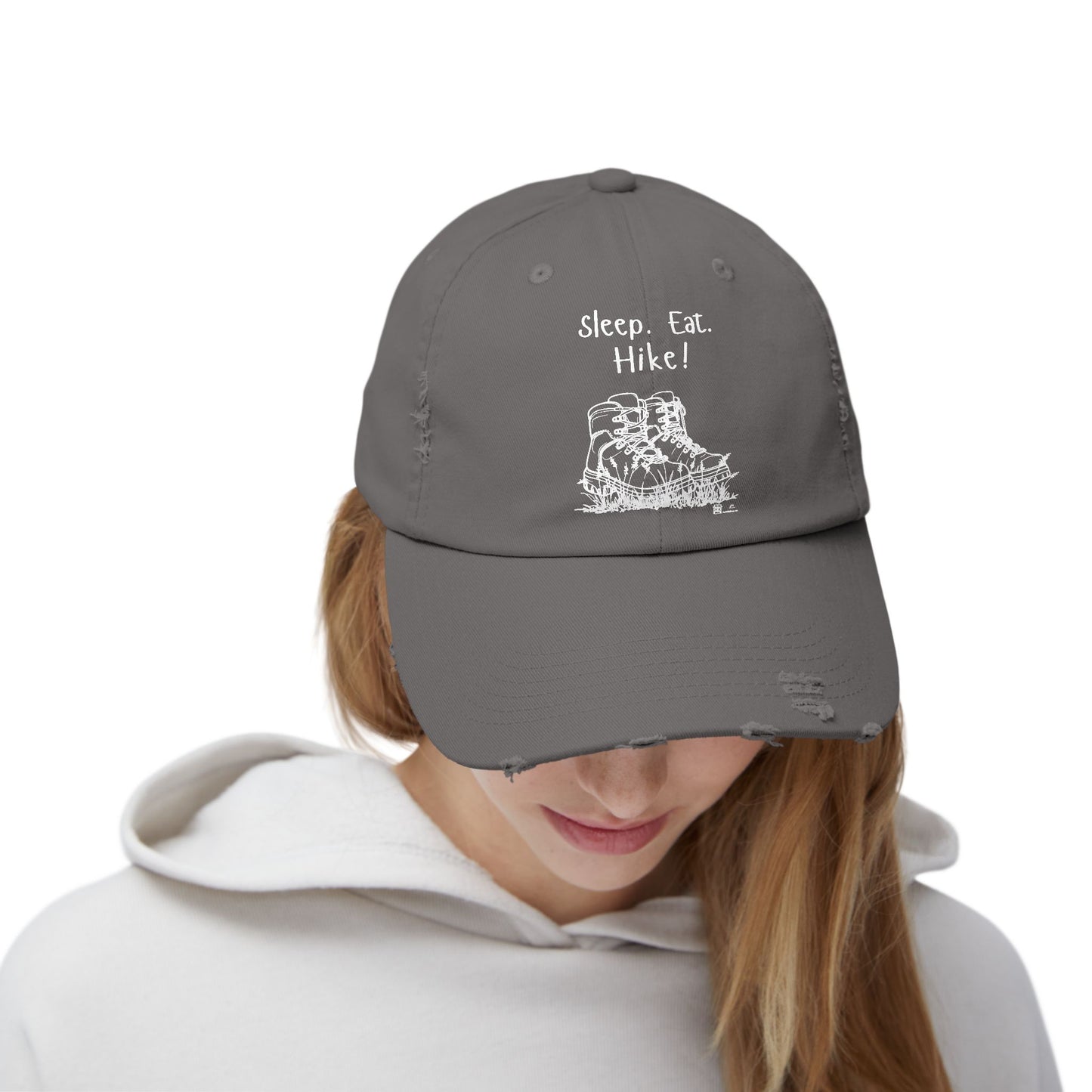 "Sleep. Eat. Hike!"  - Hiking Distressed Cap, Outdoor Trail Hat (no flowers in boots)