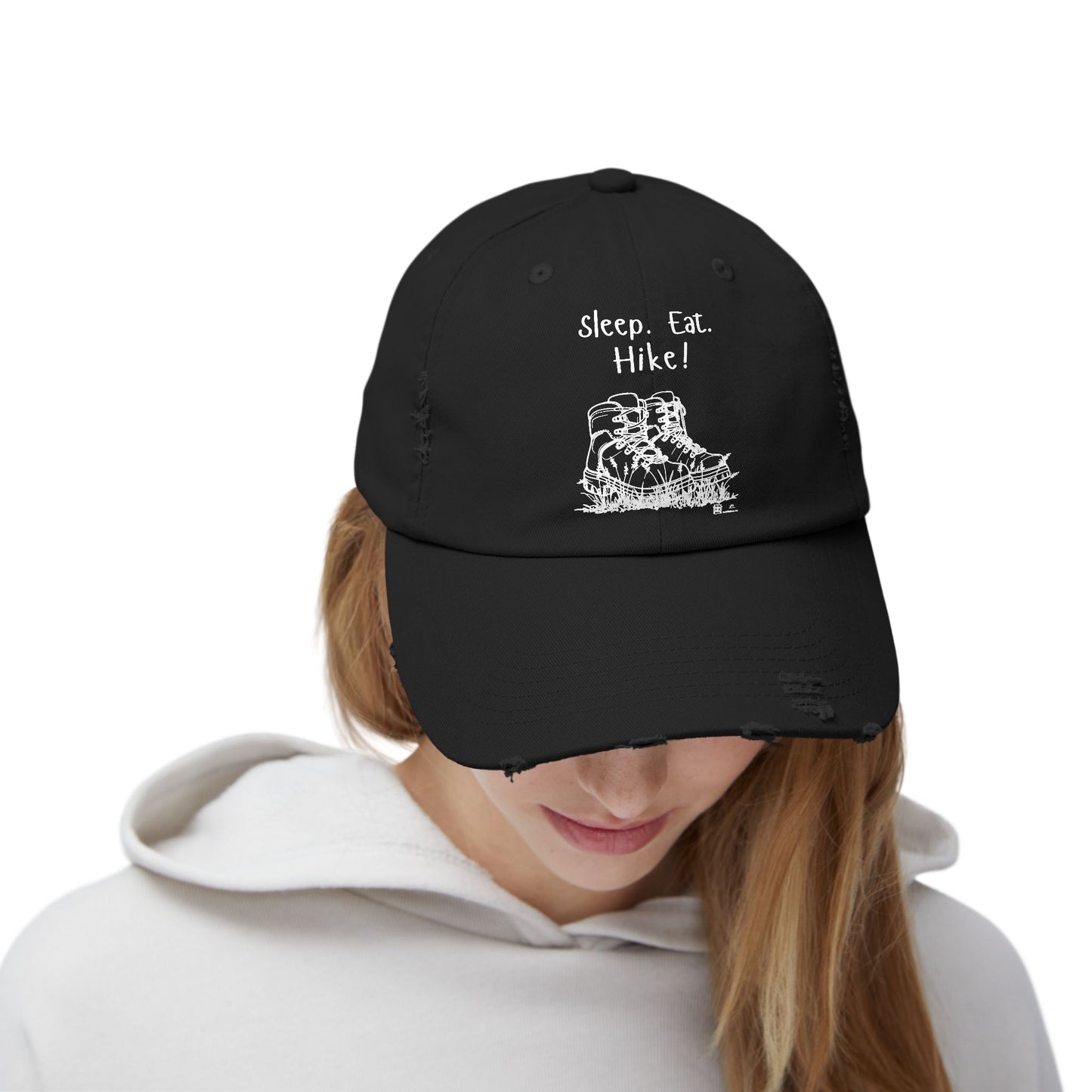 "Sleep. Eat. Hike!"  - Hiking Distressed Cap, Outdoor Trail Hat (no flowers in boots)