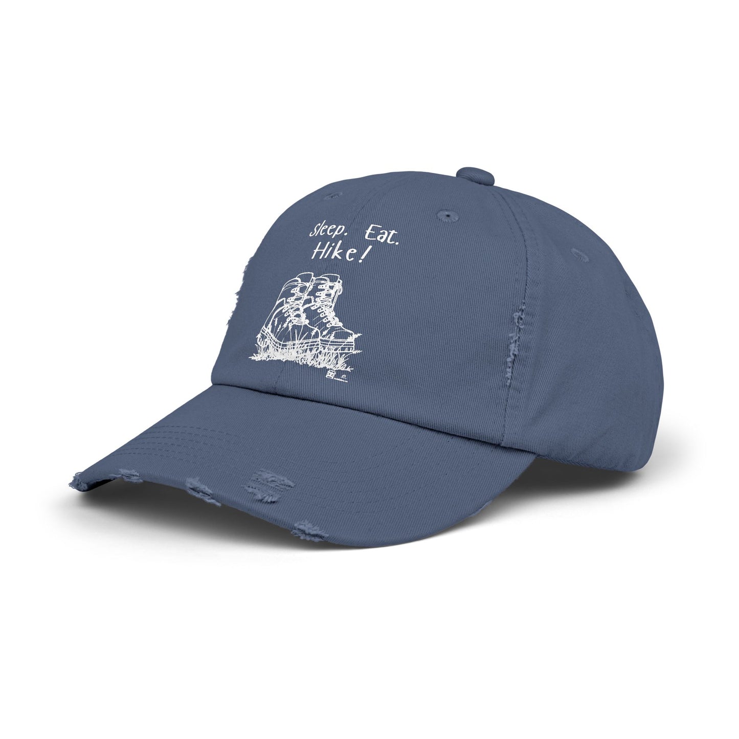 "Sleep. Eat. Hike!"  - Hiking Distressed Cap, Outdoor Trail Hat (no flowers in boots)