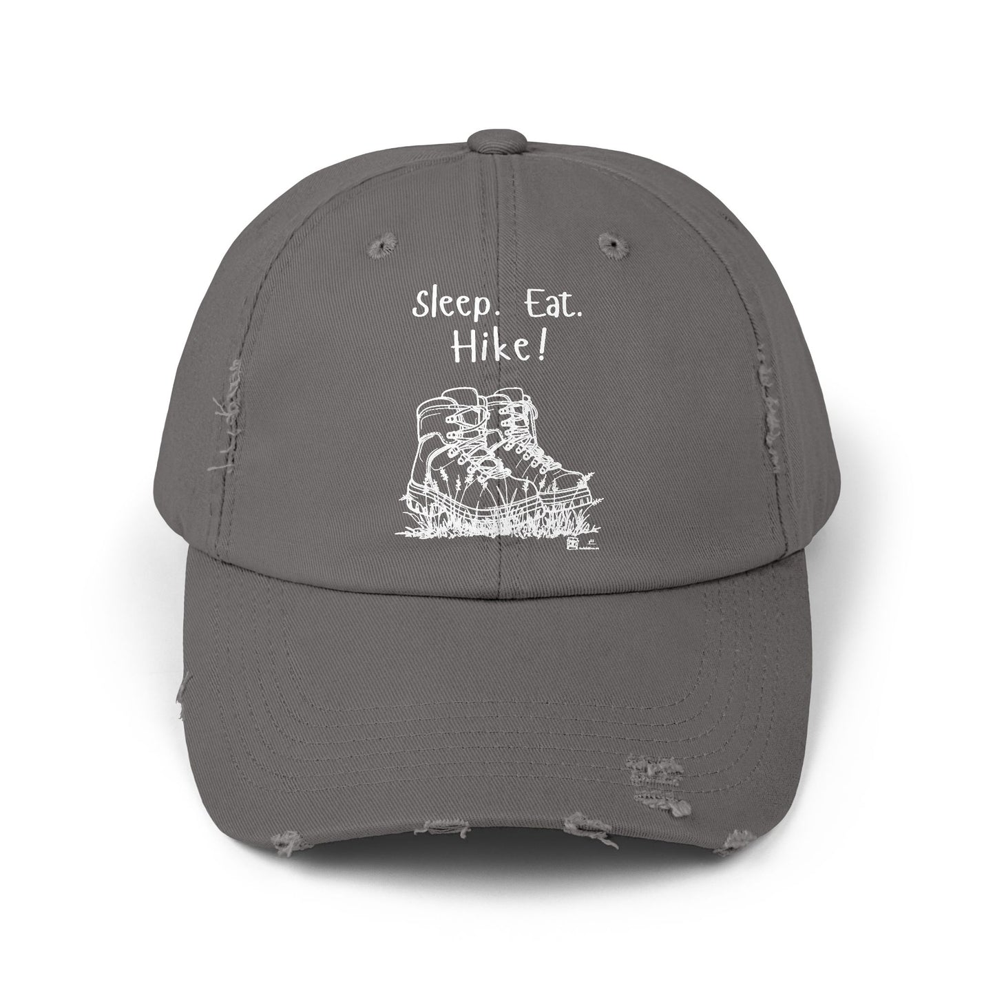 "Sleep. Eat. Hike!"  - Hiking Distressed Cap, Outdoor Trail Hat (no flowers in boots)