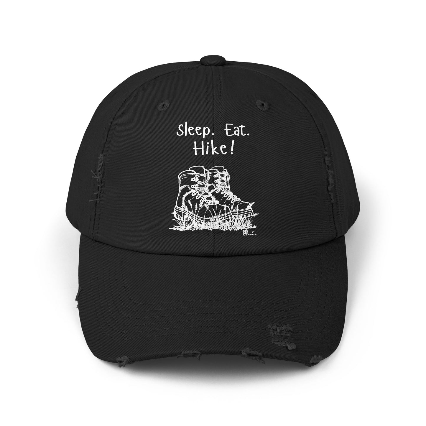 "Sleep. Eat. Hike!"  - Hiking Distressed Cap, Outdoor Trail Hat (no flowers in boots)