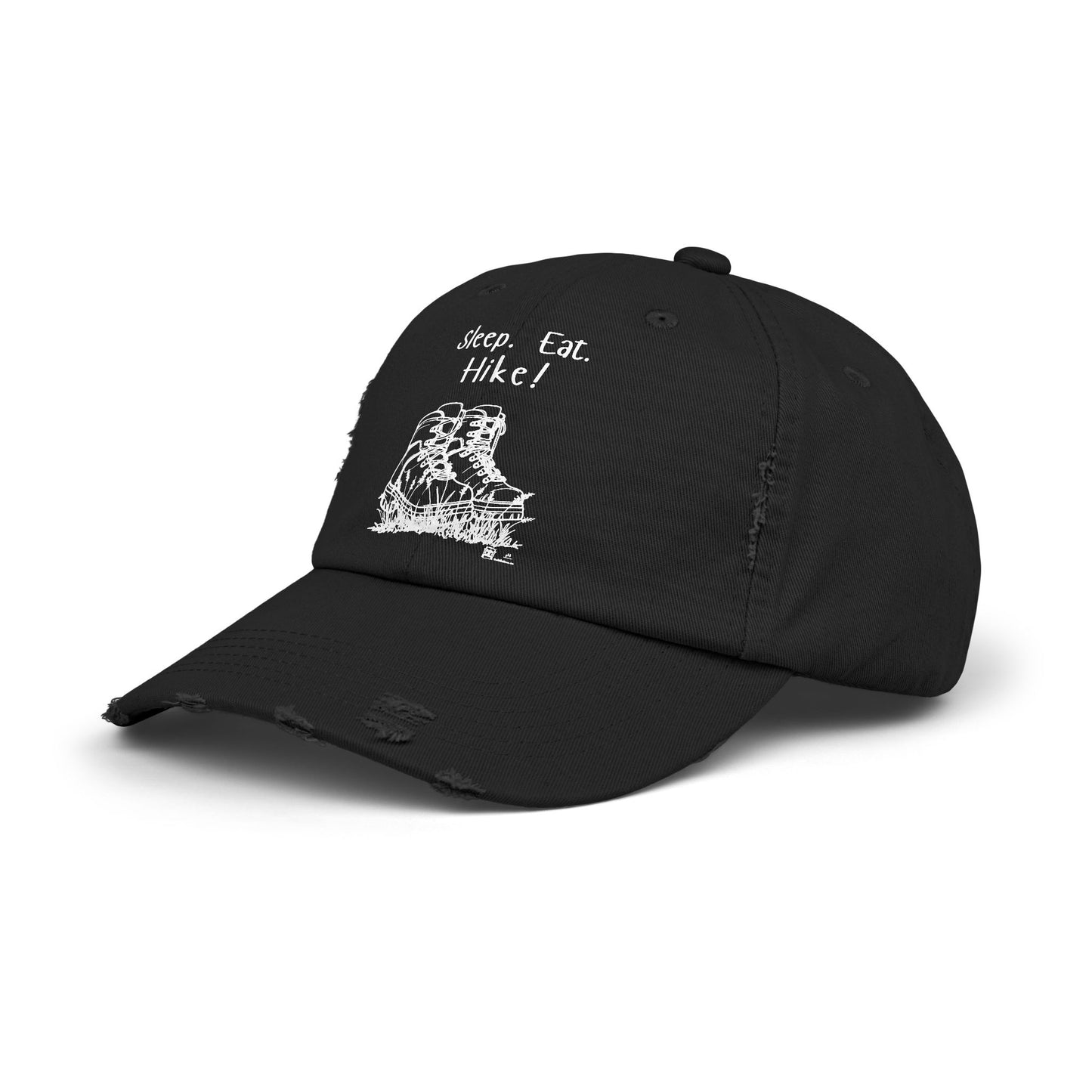 "Sleep. Eat. Hike!"  - Hiking Distressed Cap, Outdoor Trail Hat (no flowers in boots)
