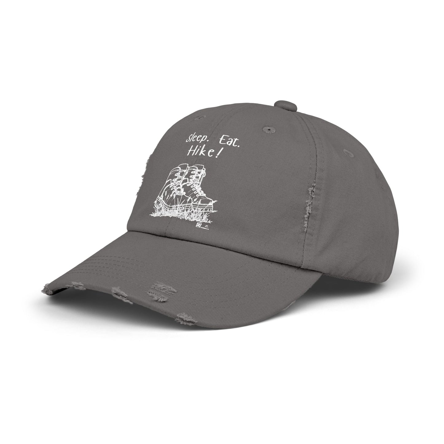 "Sleep. Eat. Hike!"  - Hiking Distressed Cap, Outdoor Trail Hat (no flowers in boots)